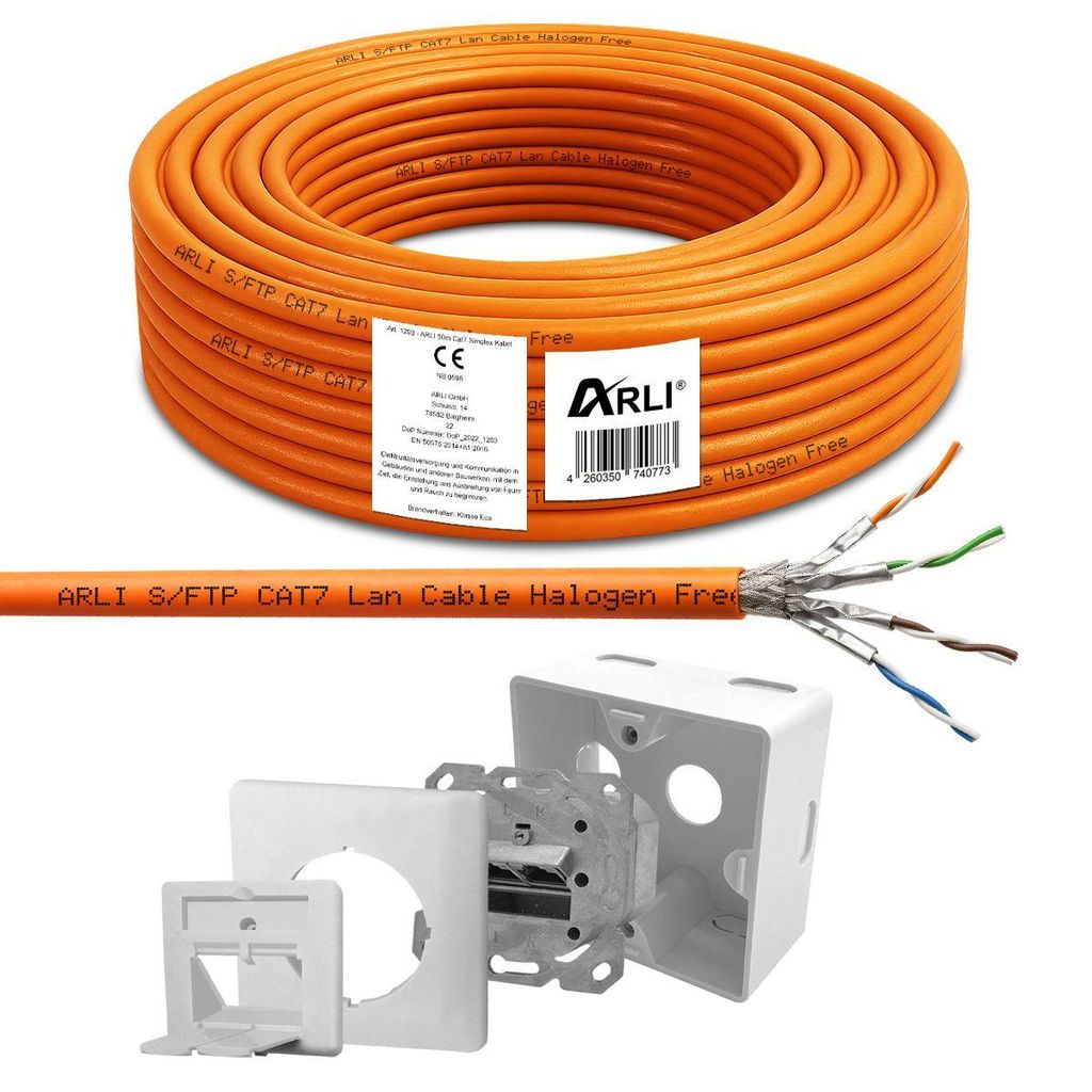 ARLI Cat7 50m Verlegekabel S/FTP PIMF Halogenfrei Netzwerkkabel + 1x Cat6a Netzwerkdose