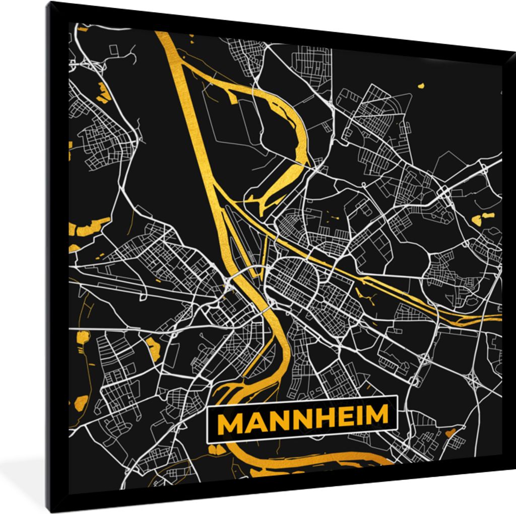 MuchoWow Gerahmtes Poster Mannheim - Gold - Karte - Deutschland 40x40 cm - Poster mit Schwarzem Bilderrahmen Wandposter Rahmen Foto Bilder - Mit ...