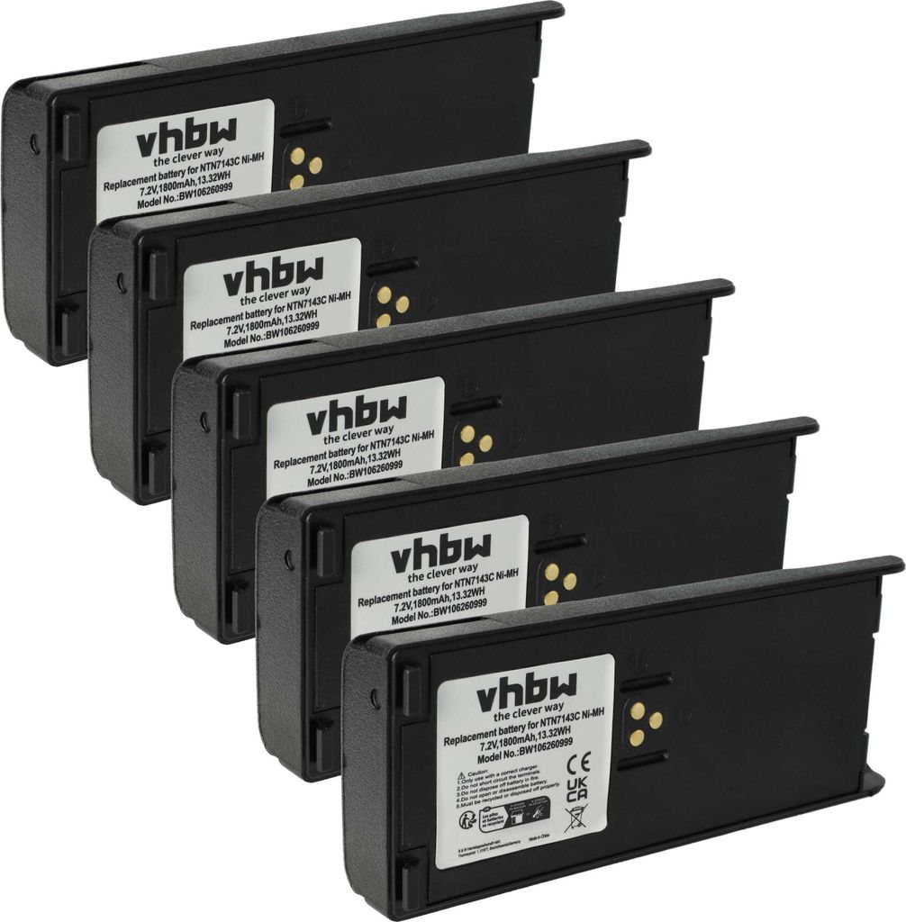 vhbw 5x Akku kompatibel mit Motorola GP900, GP1200, GP2013, GP2010, HT1000, HAT1000 Funkgerät, Walkie Talkie (1800 mAh, 7,5 V, NiMH) + Gürtelclip