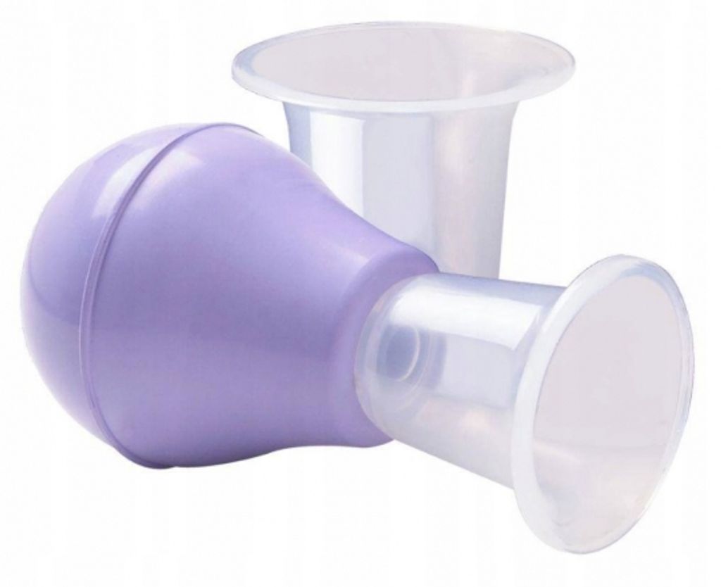 Two breast pump flange inserts are shown against a white background. One is a purple bulb with a clear flange, and the other is a clear flange.