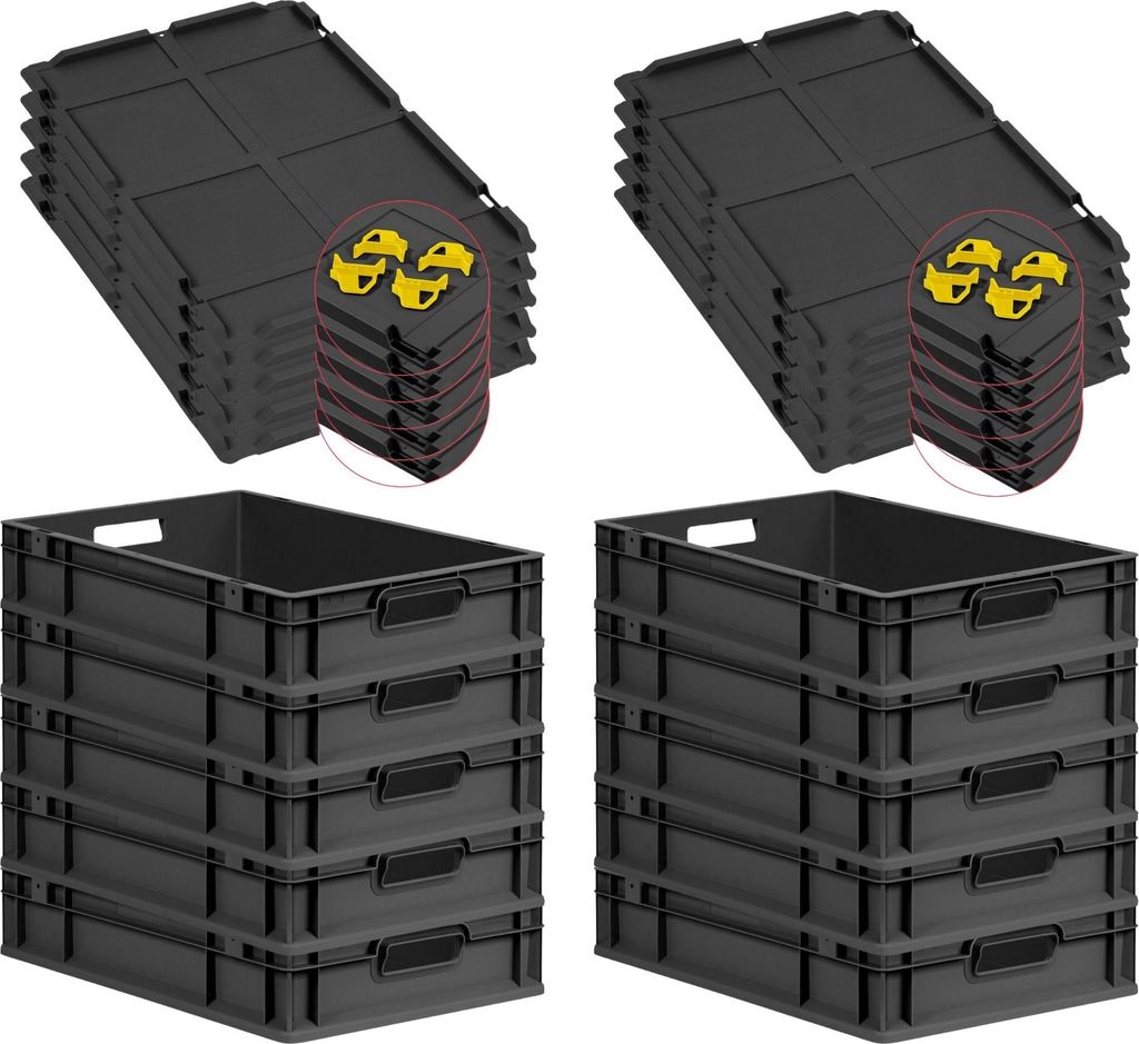 SparSet 10x Eurobox NextGen Grip mit Auflagedeckel inkl. 4 gelben Schiebeschnappverschlüssen | HxBxT 12x40x60cm | 23 Liter | Schwarz | Griffe offe...