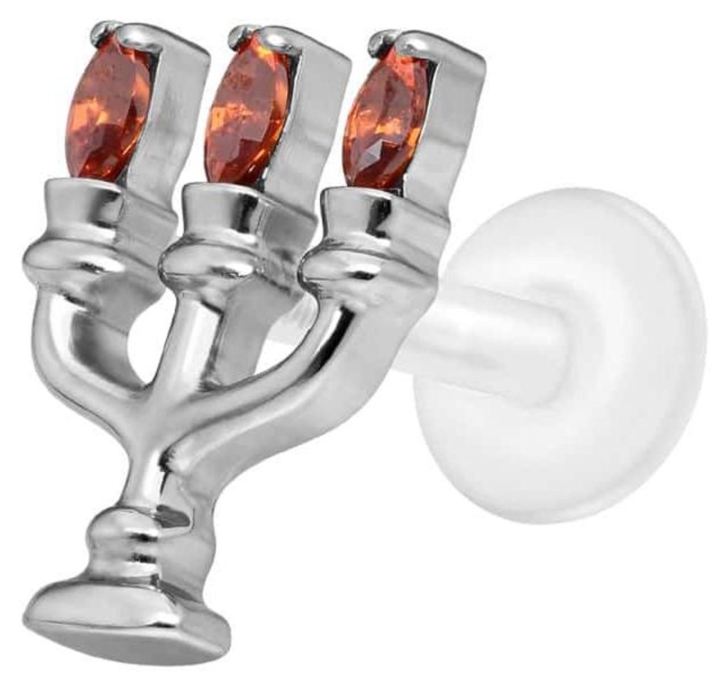 Ohrpiercing, Nasenpiercing PTFE Labret mit Innengewinde + Titan-Aufsatz KERZENLEUCHTER Silber Stablänge: 7mm | Stabstärke: 1,2mm