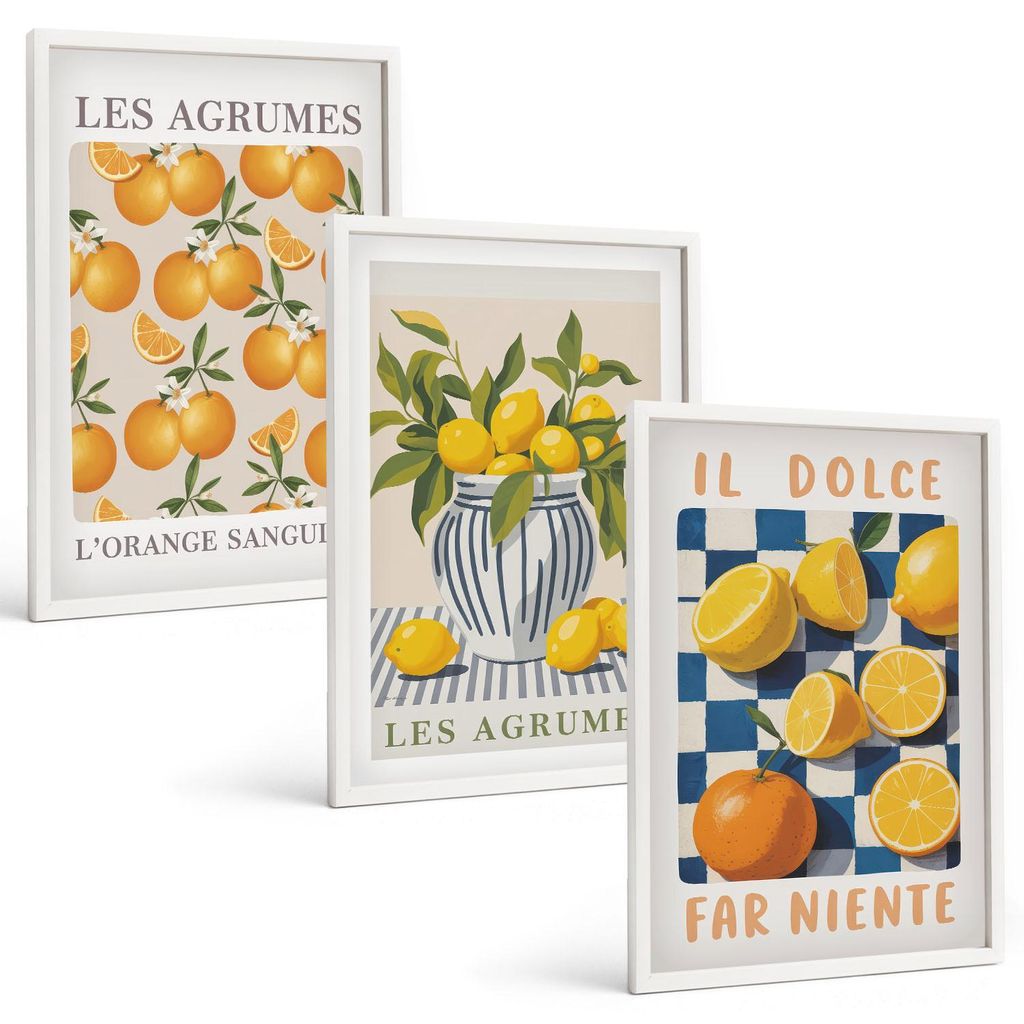 Bilder Set 3-teilig im weißen Rahmen – Wandbilder 3 Stück – gerahmte Poster für Wohnzimmer, Schlafzimmer und Flur – 40x60 cm – Retro gel...