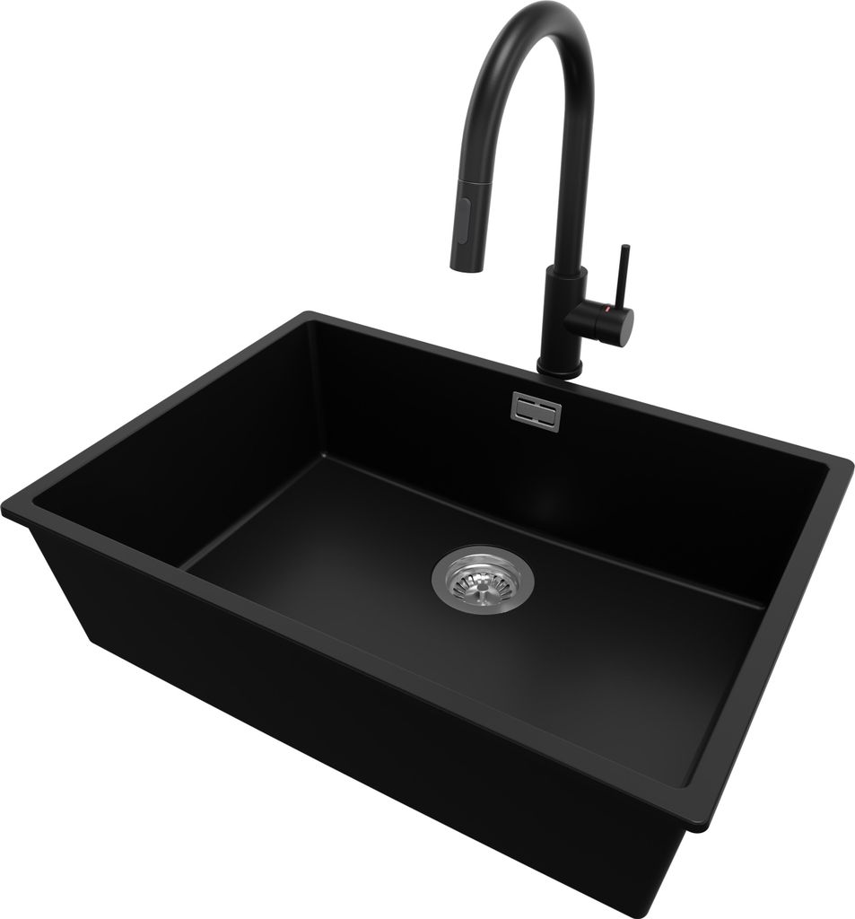 PRIMAGRAN Granitspüle Schwarz 66x47cm, Spülbecken 1 Becken + Küchenarmatur 40x20cm + Ablauf-Set, Küchenspüle ab 70er Unterschrank - London Slim