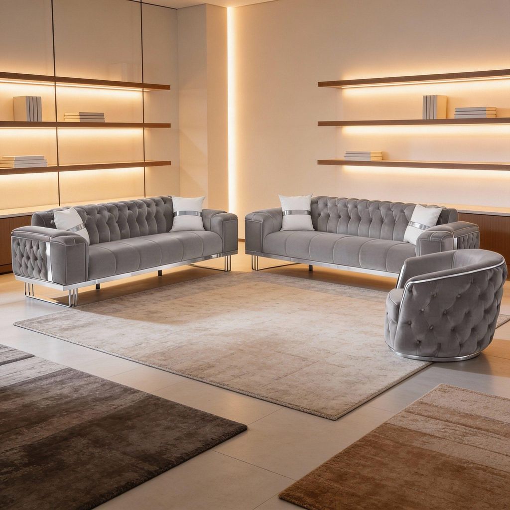Sofa Imperial Premium Chromfarben, 3-Sitzer mit Schlaffunktion, Sitzausführung wählbar Ausführung: 3-Sitzer + 3-Sitzer + Sessel Farbe: Hellgrau