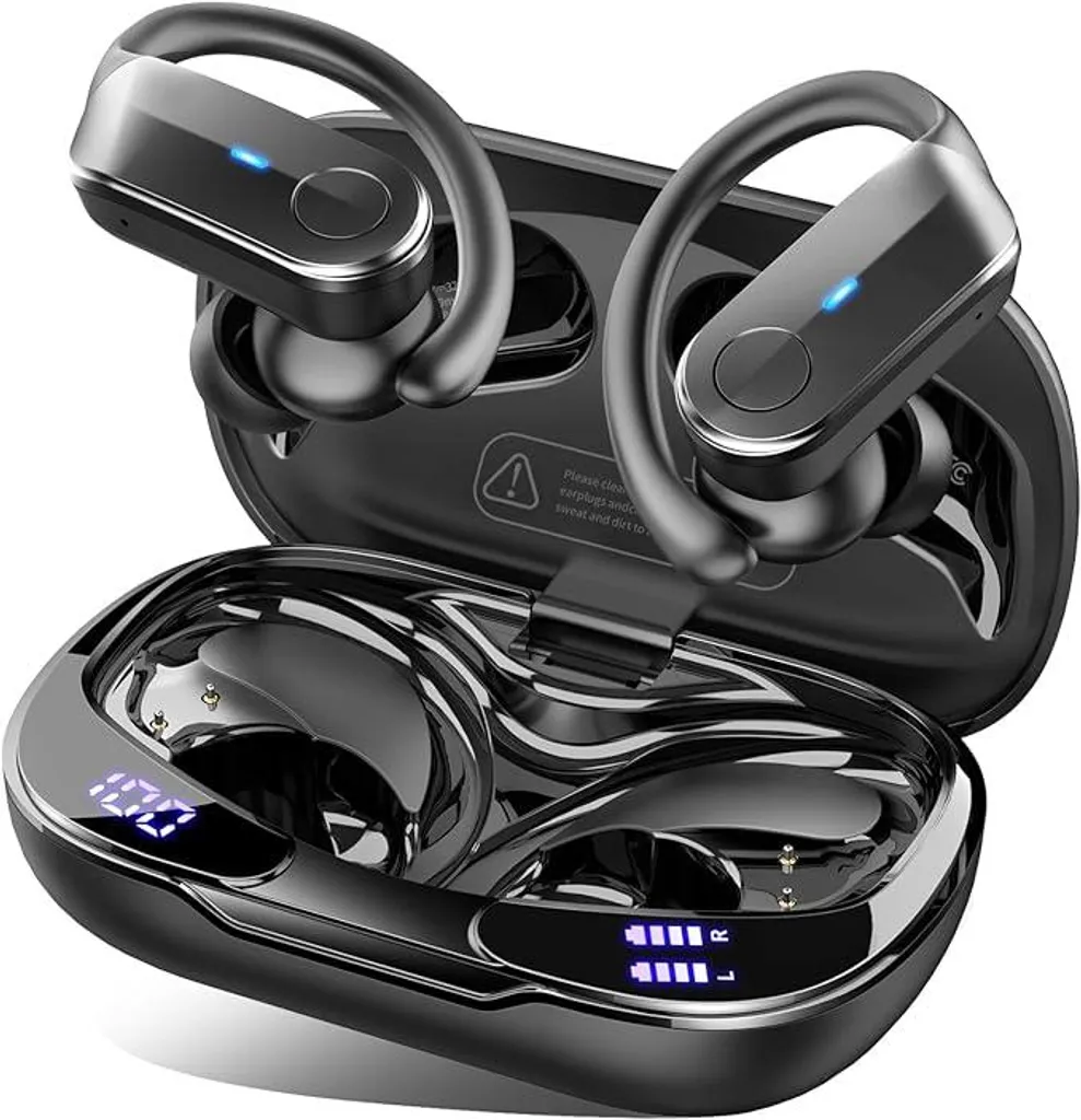 In Ear Kopfhörer mit 4 Noise Cancelling Mics, HiFi Stereo Tiefer Bass Kabellose Kopfhörer mit Ohrhaken, IPX8 Wasserdicht Ohrhörer, LED-Anzeige USB-C