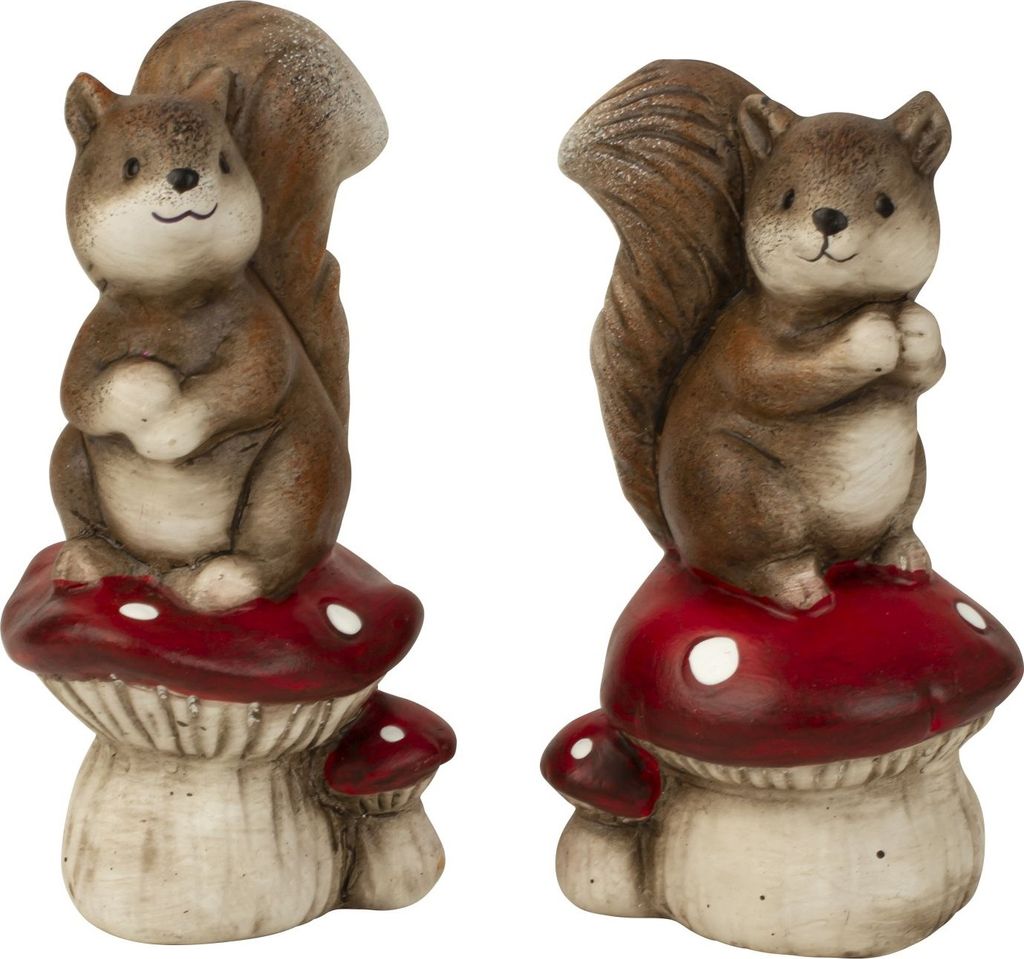 6 Stück Eichhörnchen Figuren auf Fliegenpilz 13 cm Dekofiguren