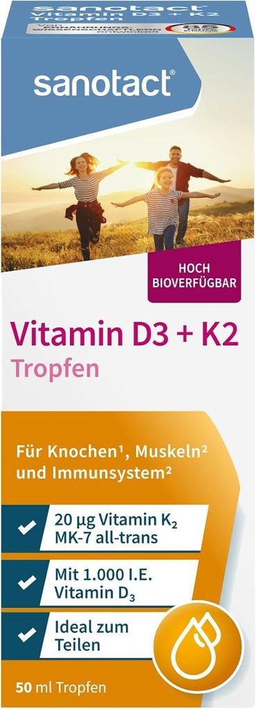 sanotact Vitamin D3 + K2 20 μg + MK-7 Tropfen, 50 ml, Hochdosiert mit 1.000 I.E pro Tropfen