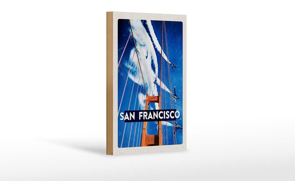Holzschild Reise 12x18 cm San Francisco Brücke Flugzeug Himmel