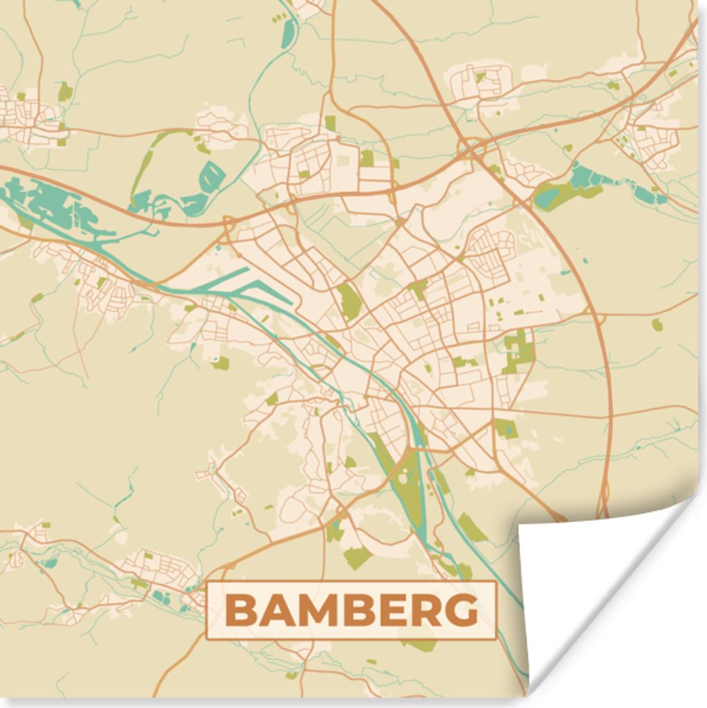MuchoWow Poster Karte - Bamberg - Karte - Stadtplan - Vintage 50x50 cm - Wohnzimmerdekoration