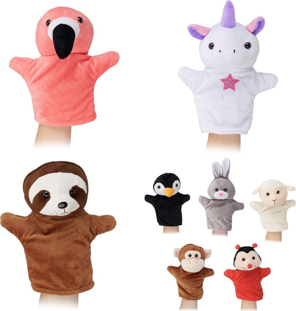 Relaxdays Handpuppen für Kinder, 8er Set Tiere, AFFE, Einhorn, Faultier, Flamingo, Handspielpuppen, weiches Plüsch, bunt