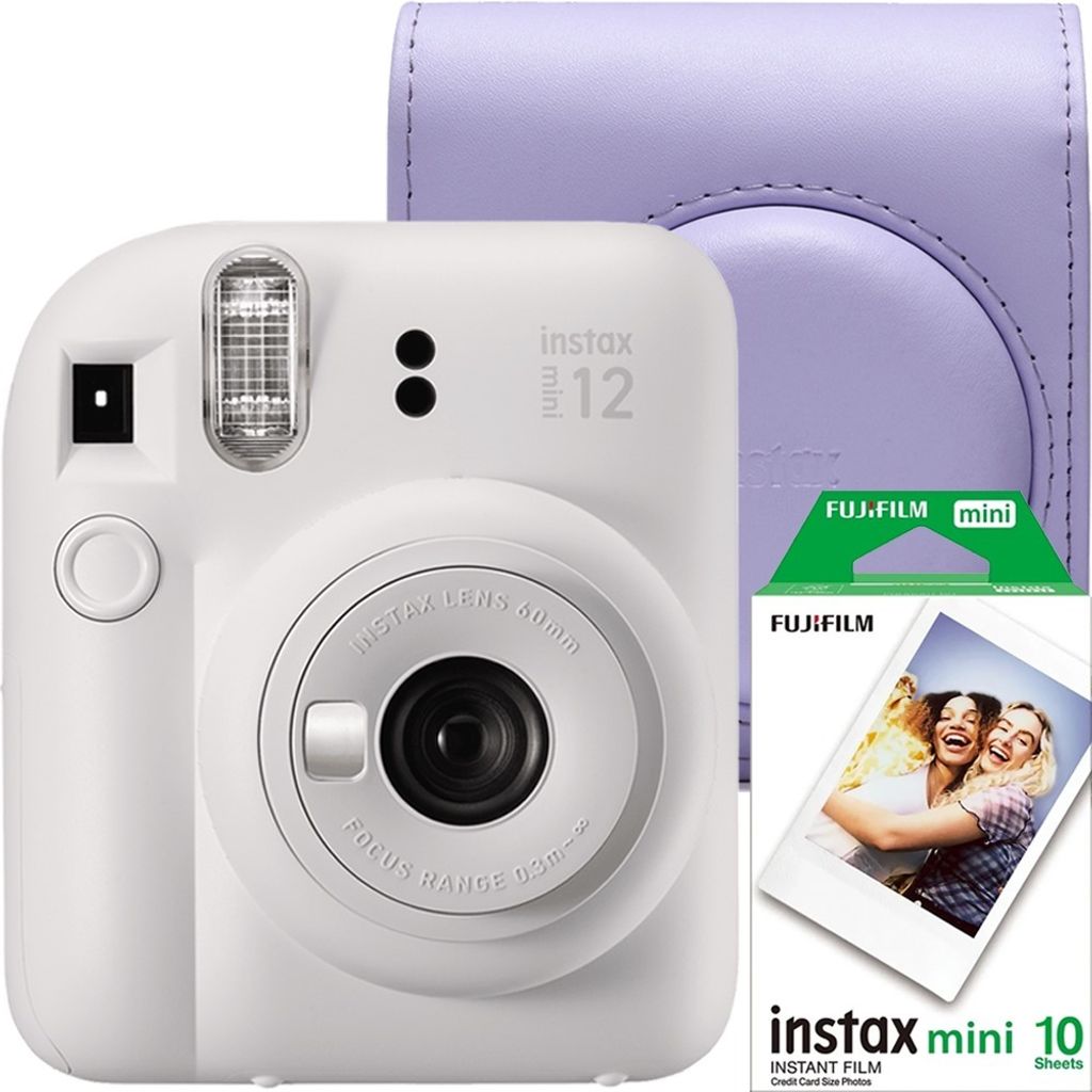 Fujifilm Instax Mini 12 Sofortbildkamera-Set, Clay White mit lila Fujifilm-Abdeckung und 1x10 Film