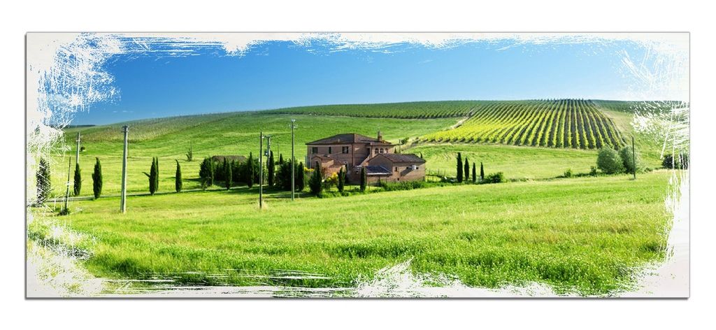 Wallario Kunstdrucke Wandbilder Holz in : Brillante Farben, Größe 50 x 125 cm Motiv Farm in der Toskana