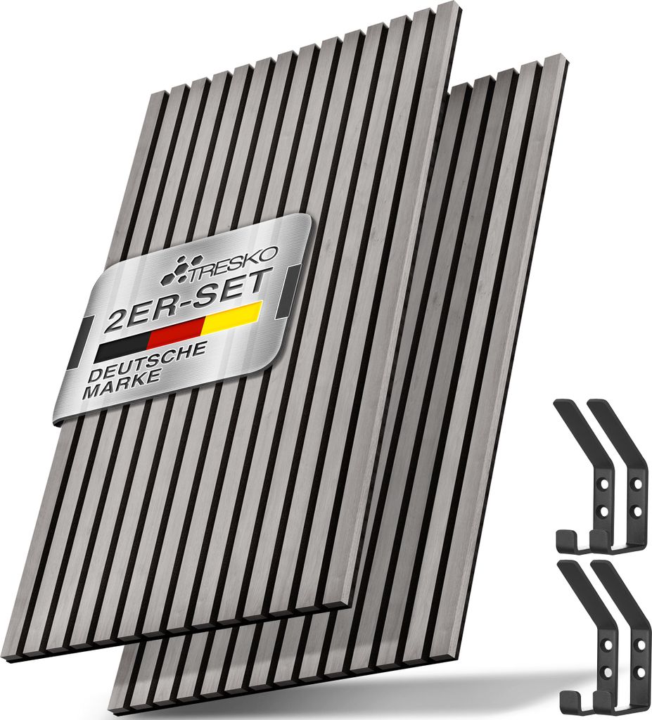 TRESKO 2 Stück Akustikpaneele Holz 120×60 cm inkl. 4x Kleiderhaken | Wandverkleidung Eiche Grau als 3D Lamellenwand | Holzpaneele Paneele für ...