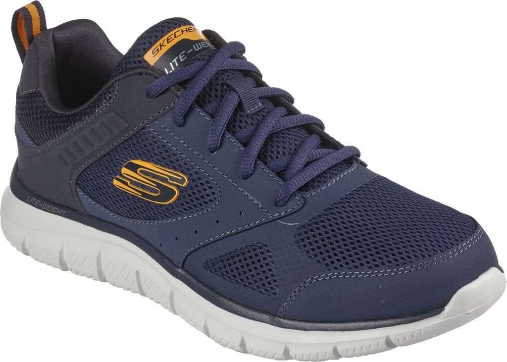 A single blue Skechers sneaker is shown against a white background.
