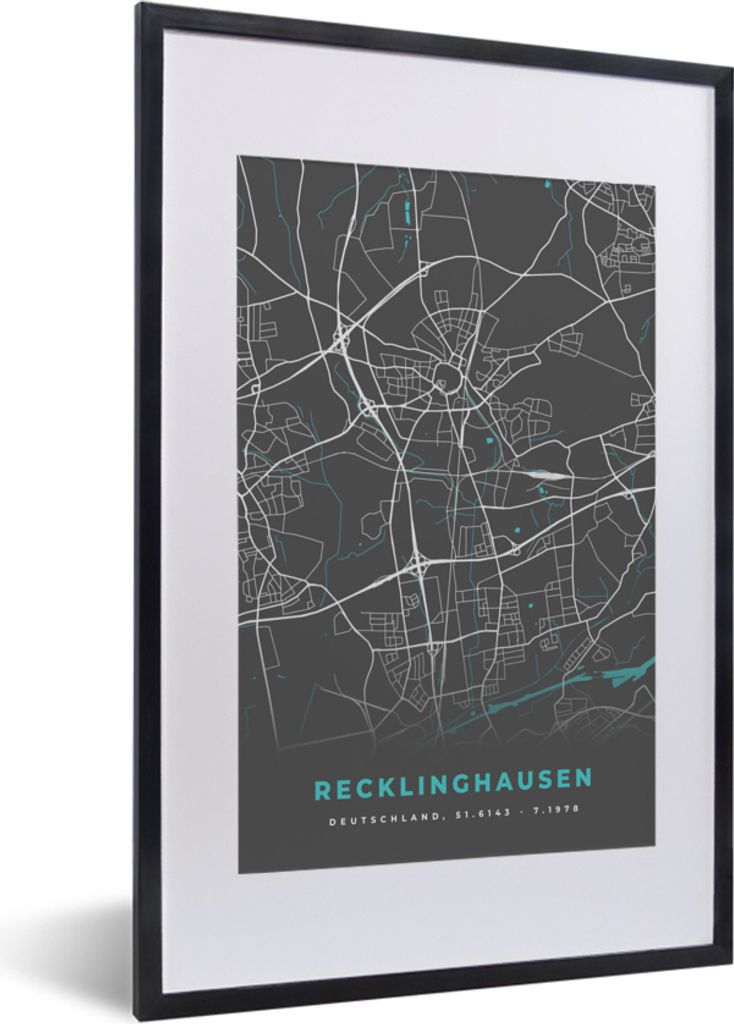 MuchoWow Gerahmtes Poster Stadtplan - Deutschlandkarte - Blau - Recklinghausen - Karte 40x60 cm - Poster mit Schwarzem Bilderrahmen Wandposter Ra...