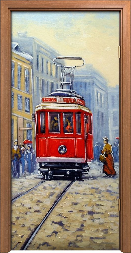 Türposter 90x200 cm Türaufkleber Türtapete Türfolie Klebefolie Straßenbahn in alten Stadt Landschaft