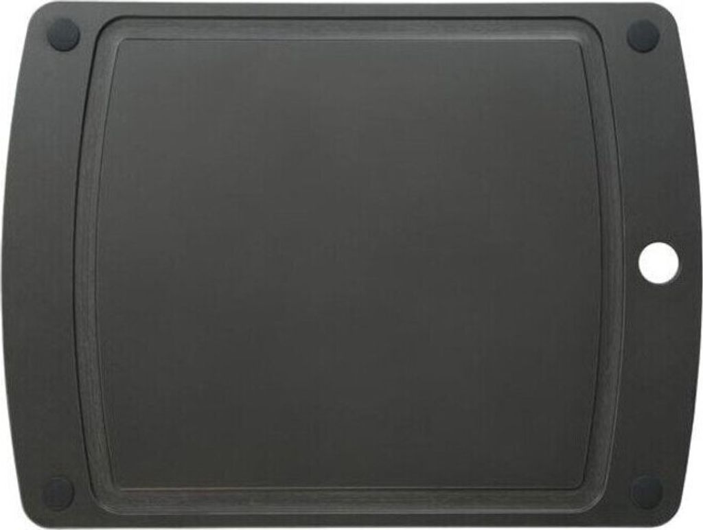 A top-down view of a black cutting board.