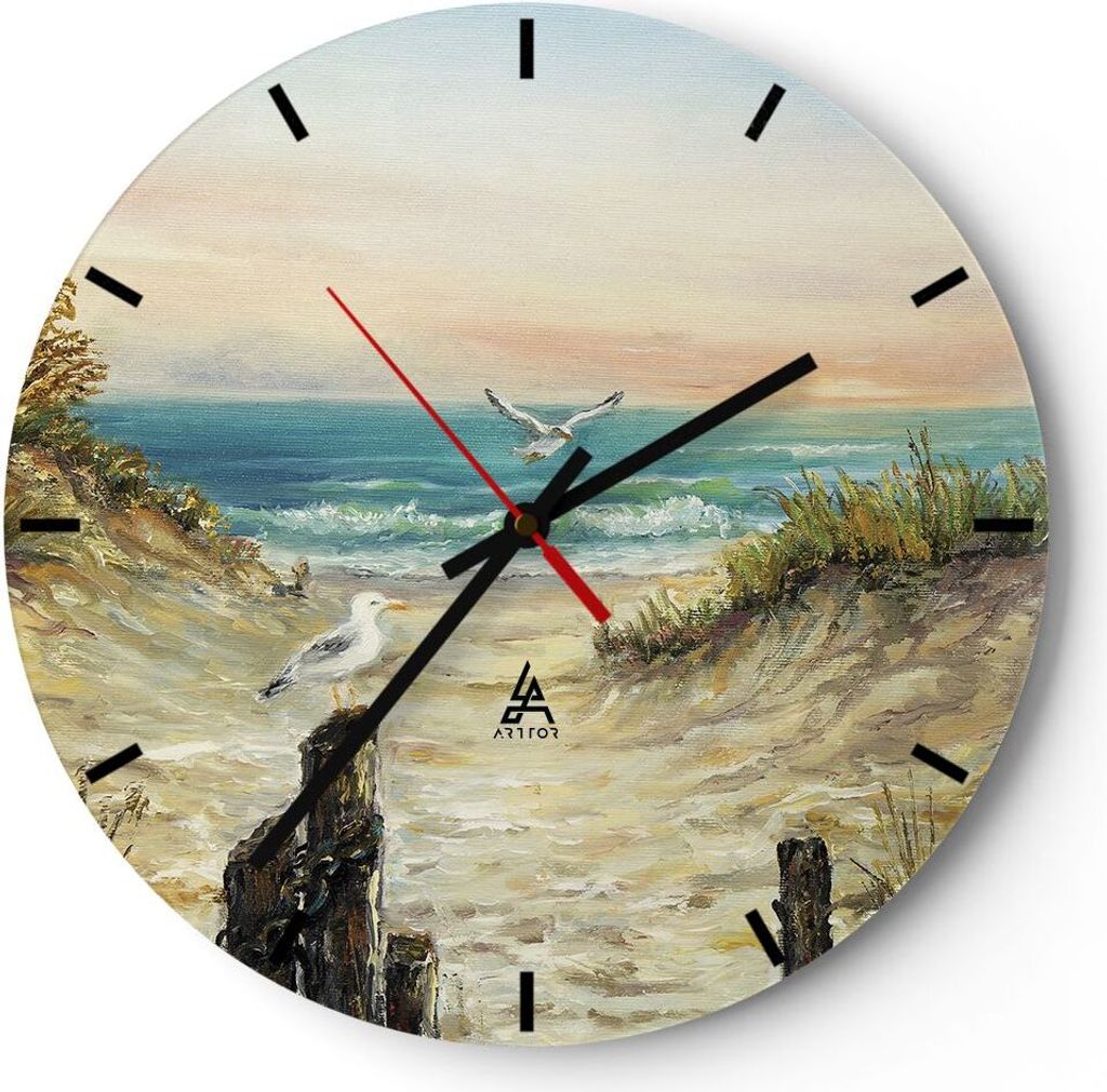 Wanduhr - Rund - Glasuhr - Impressionismus Möwen Küste - 30x30cm - Schleichendes Uhrwerk - Lautlos - zum Aufhängen bereit - Dekoration Modern - ...