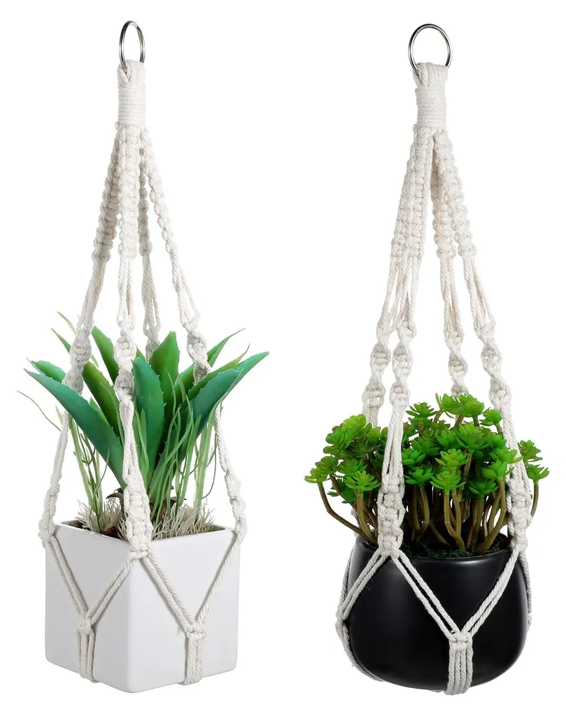 Suspensions Plantes Macramé Tressé Beige, Décoration Bohème Intérieure