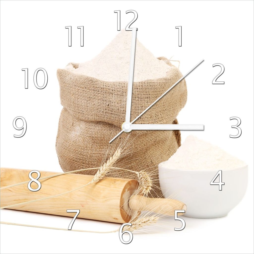 Wallario Design Wanduhr Backen-Ensemble mit Nudelholz, Mehl-Sack, Ähren und Zucker aus Echtglas, Größe 30 x 30 cm