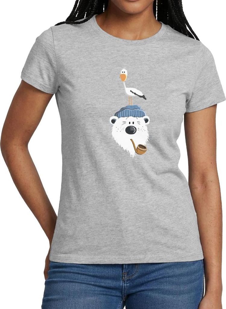 Spreadshirt Bär Mit Möwe Nordsee Frauen T-Shirt, XL, Grau meliert