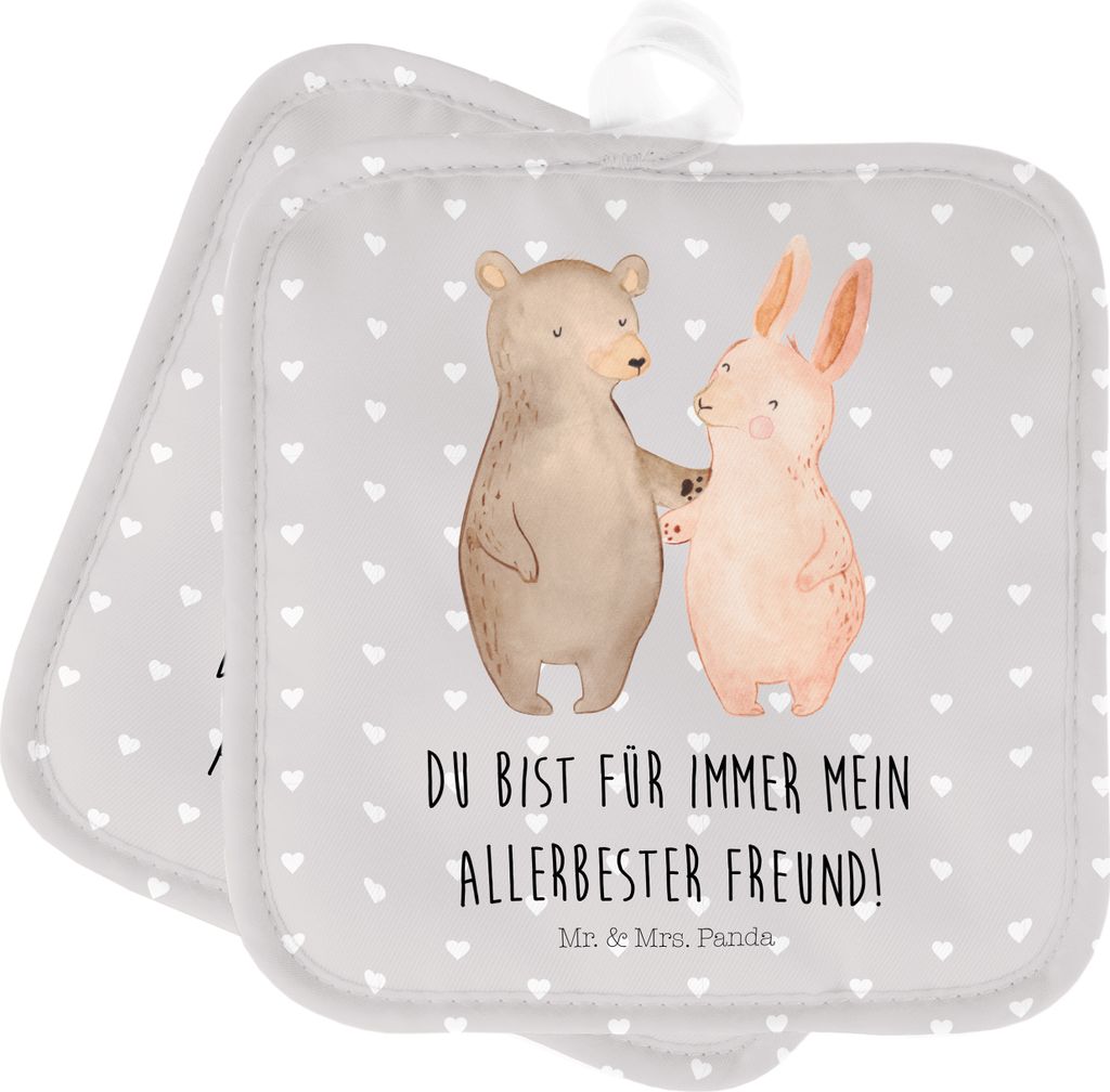 Mr. & Mrs. Panda Topflappen Bär und Hase Umarmen - Grau Pastell - Geschenk, Topflappenset, Ofenlappen, Topfuntersetzer, für Immer, Freund, Freund...