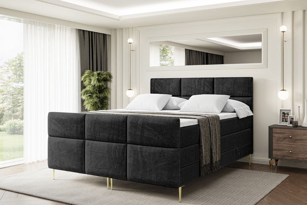 ALTDECOR Boxspringbett mit Gold Füßen, Matratze und Lattenrost, Topper, Fußteil, Polsterbett mit Bettkasten, Bett mit Stauraum H3- und H4- Matra...