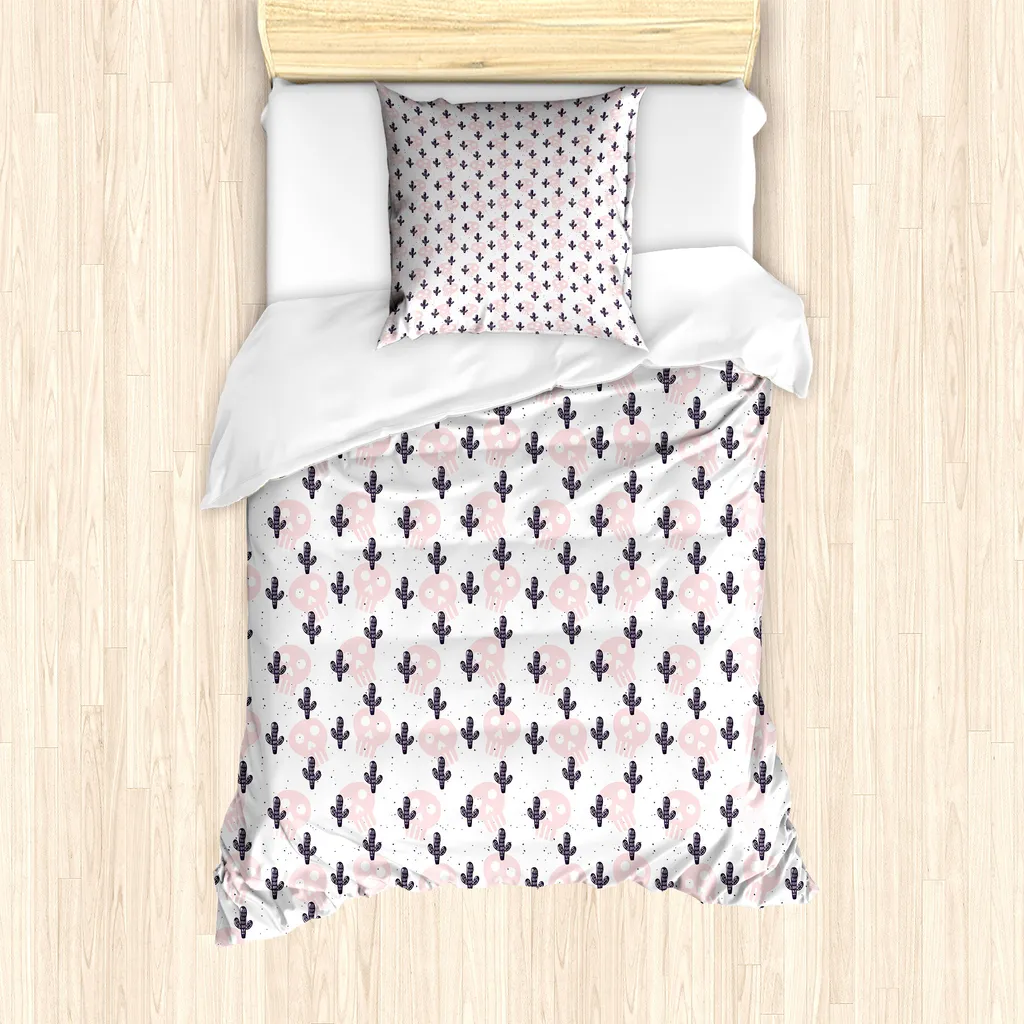 ABAKUHAUS Set copripiumino per letto singolo Zuckerschädel, teschi e cactus artistici, antiacaro, adatto a chi soffre di allergie, con federa, 135 cm x 200 cm - 80 x 80 cm, rosa antracite
