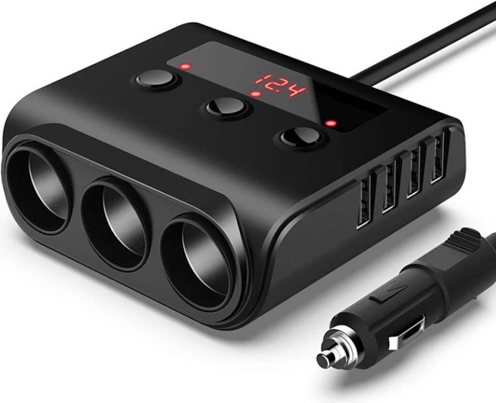 Zigarettenanzünder-Splitter, 100 W, 12 V/24 V, 3 Steckdosen, 4 USB-Autoladegerät-Adapter, Gleichstromsteckdose mit austauschbarer 7-A-Sicherung u...