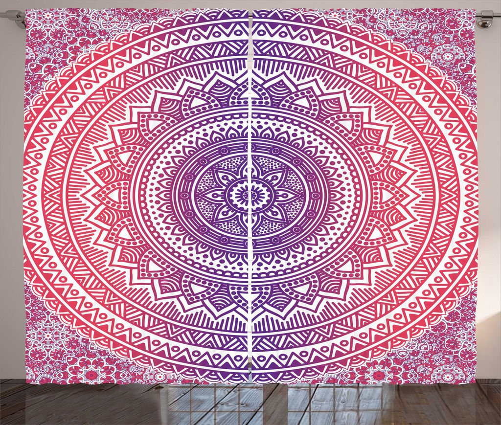 ABAKUHAUS Pink und lila Rustikaler Gardine, Ethnische Mandala, Schlafzimmer Kräuselband Vorhang mit Schlaufen und Haken, 280 x 225 cm, Violett Rubin