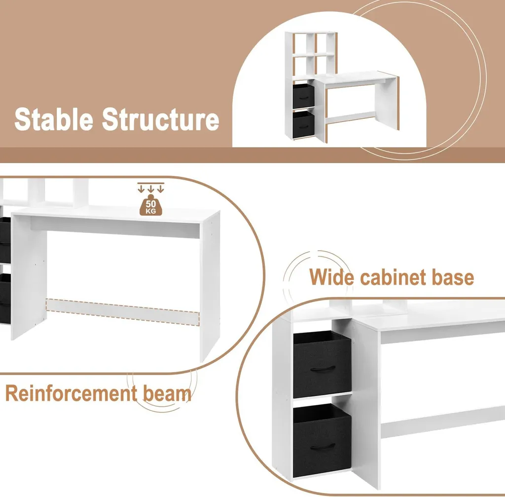 Bureau moderne 140cm blanc avec étagères de rangement - Structure boisée - 3