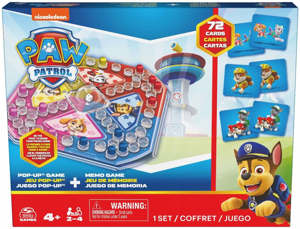 The image shows the packaging of a Paw Patrol 2-in-1 game set, featuring both a Pop-Up game and a Memo game.