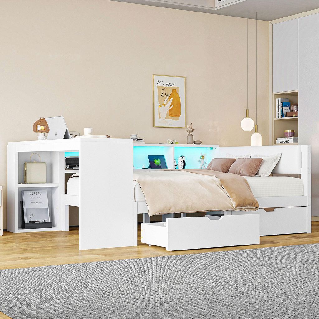 140x200 Holz-Plattformbett mit Ablageflächen, Schubladen, Ladestation und gepolstertem Kopfteil, Mit bunten LED-Leuchten, Weiß