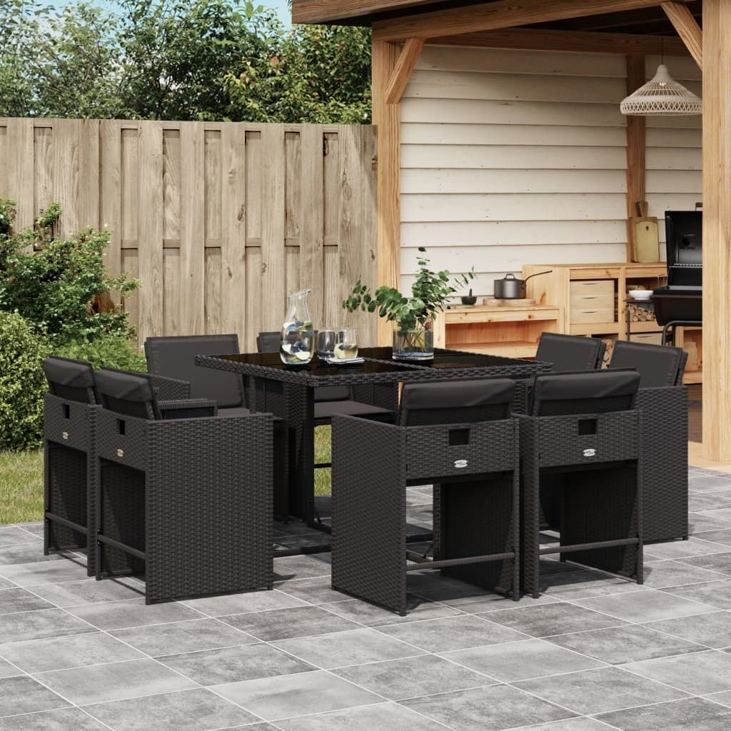 Möbel 9-tlg. Garten-Essgruppe mit Kissen Schwarz Poly Rattan - Balkonmöbel 3277962