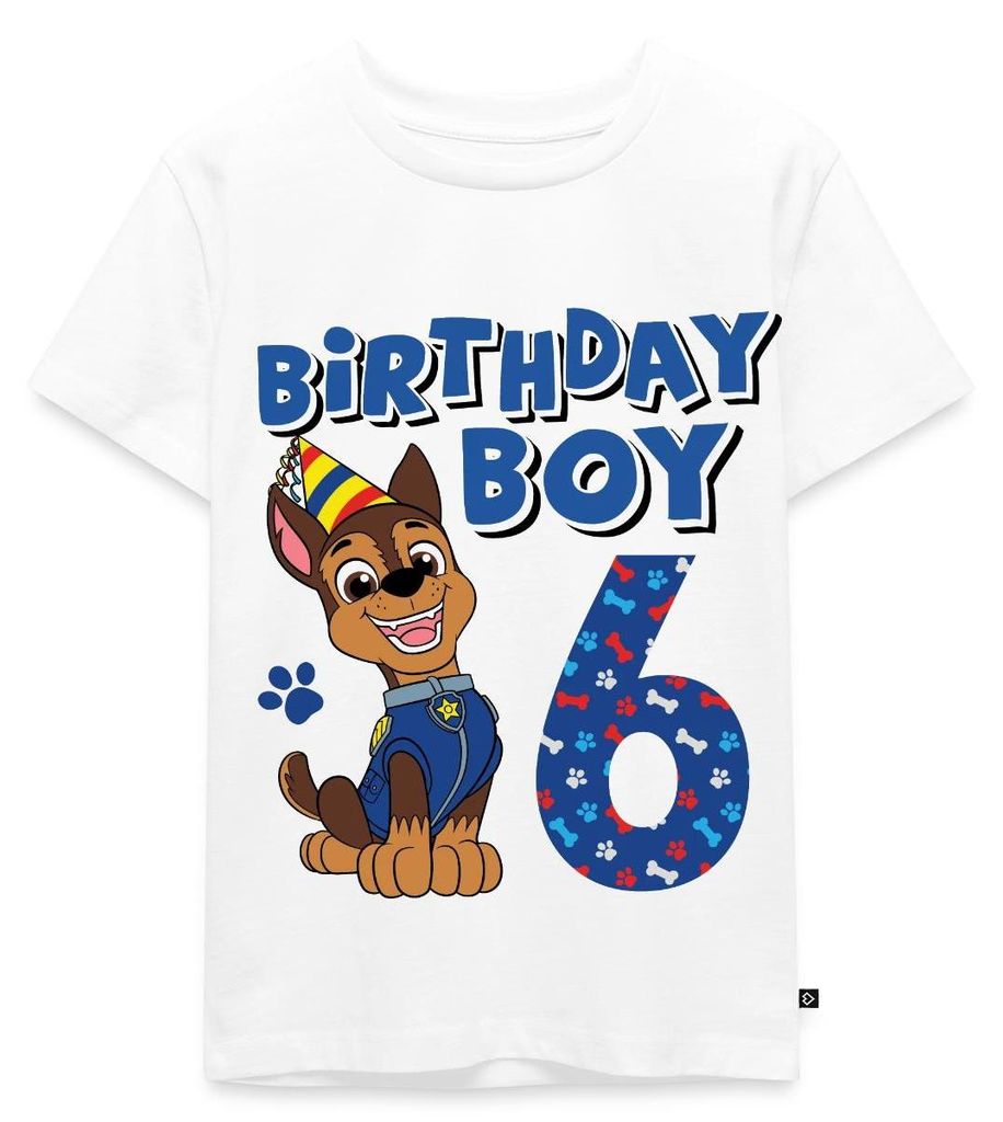 Spreadshirt Paw Patrol Geschenk 6 Jahre Alt 6. Geburtstag Chase Kinder Premium T-Shirt, 122/128 (6 Jahre), Weiß