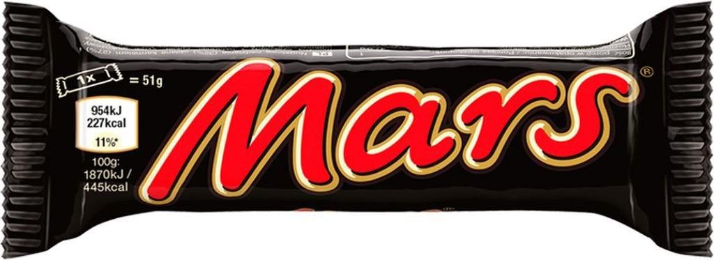 A Mars chocolate bar on a white background.