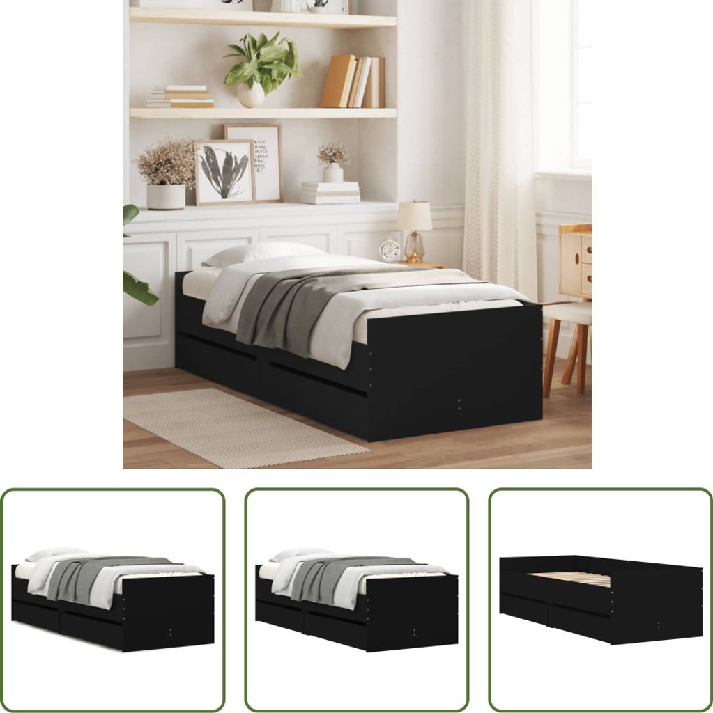 The Living Store Bett mit Schubladen Schwarz 75x190 cm