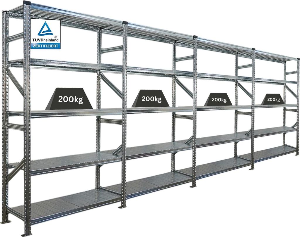 Fachbodenregal PROXIMO mit Stecksystem | Komplettregal | HxBxT 200x480x50cm | 5 Ebenen | Fachlast 200 kg | Beidseitig nutzbar | Verzinkt