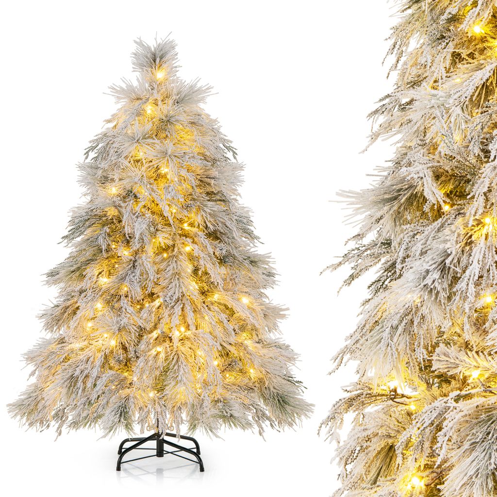 A flocked artificial Christmas tree with warm white LED lights and a metal stand, presented against a white background.