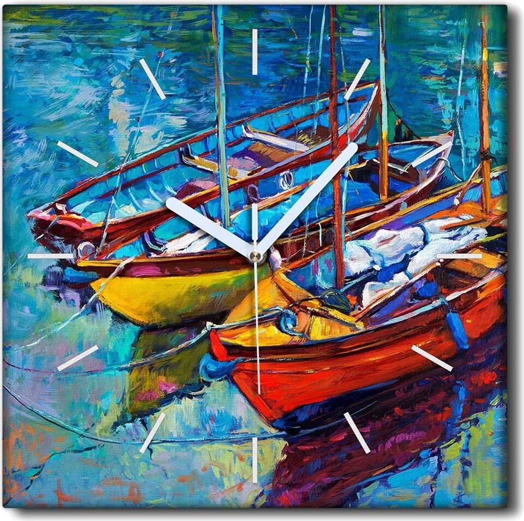 Coloray Uhr auf Leinwand 30x30 cm Wand Uhr Dekoration Wohnzimmer Segeltuch weiße Zeiger -See Meerboot.