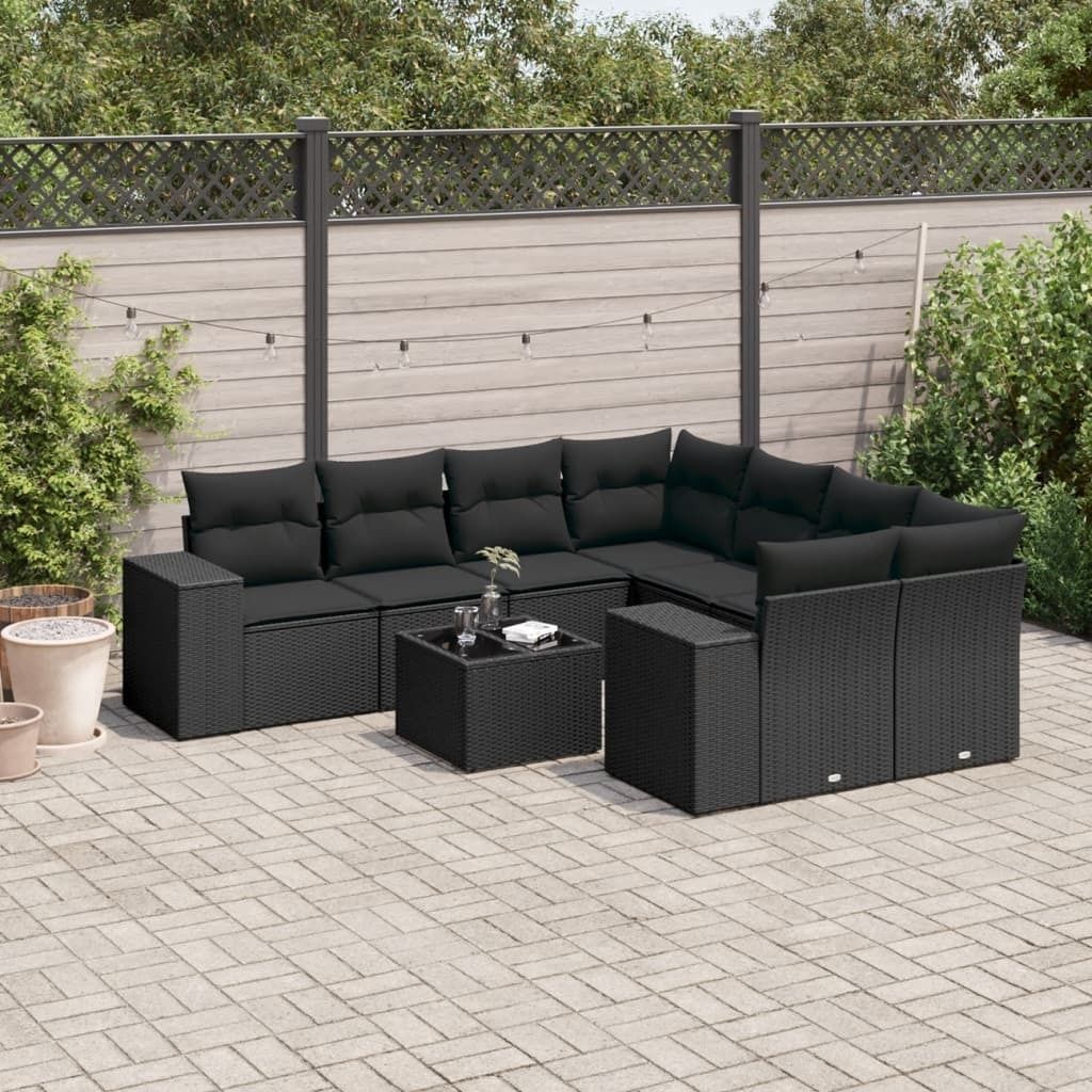 9-tlg. Garten-Sofagarnitur mit Kissen Schwarz Poly Rattan 3222354