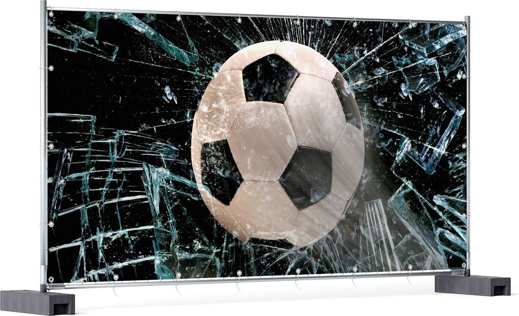 Wallario XXL Outdoor-Poster für Garten oder Balkon, Motiv Fußball - im Fenster, Splitter und Glas, in ca. 340 x 173 cm