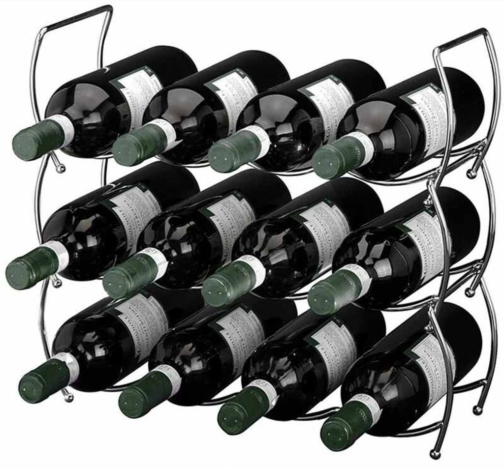 A metal wine rack holding twelve bottles of wine.