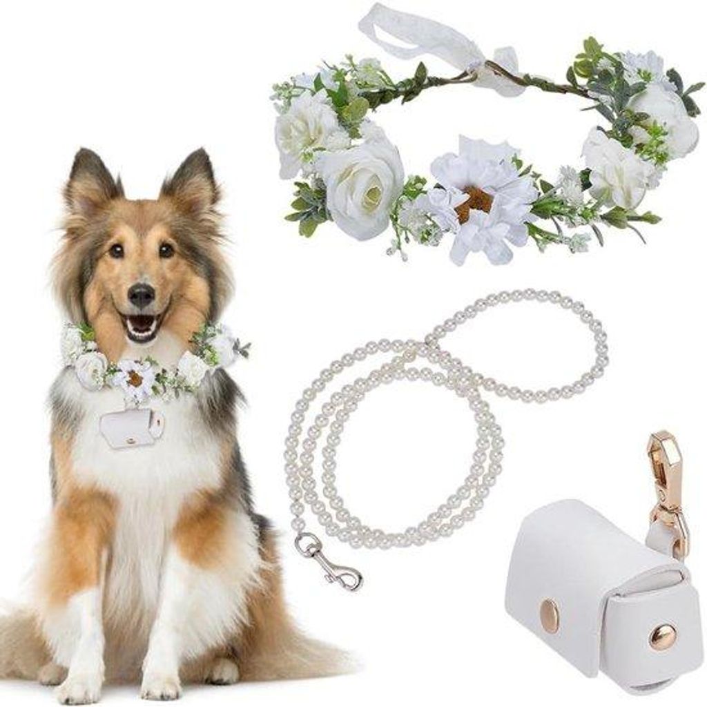 Hochzeits-Set für Hunde - 3-teiliges Set - Parel-Kraag und Blumen-Ring - Aufbewahrungsbeutel für Hunde - Hochzeitskleidung für Hunde - Haustier-...
