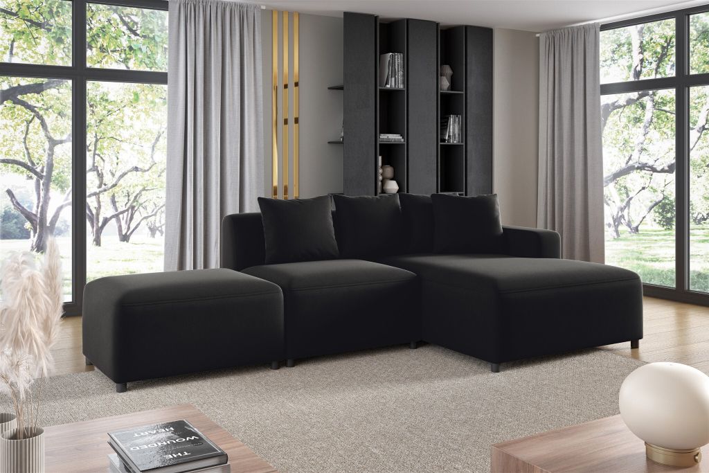 Ecksofa Designersofa MEGAN XS inkl. Hocker Stoff Salvador Schwarz Ottomane Rechts