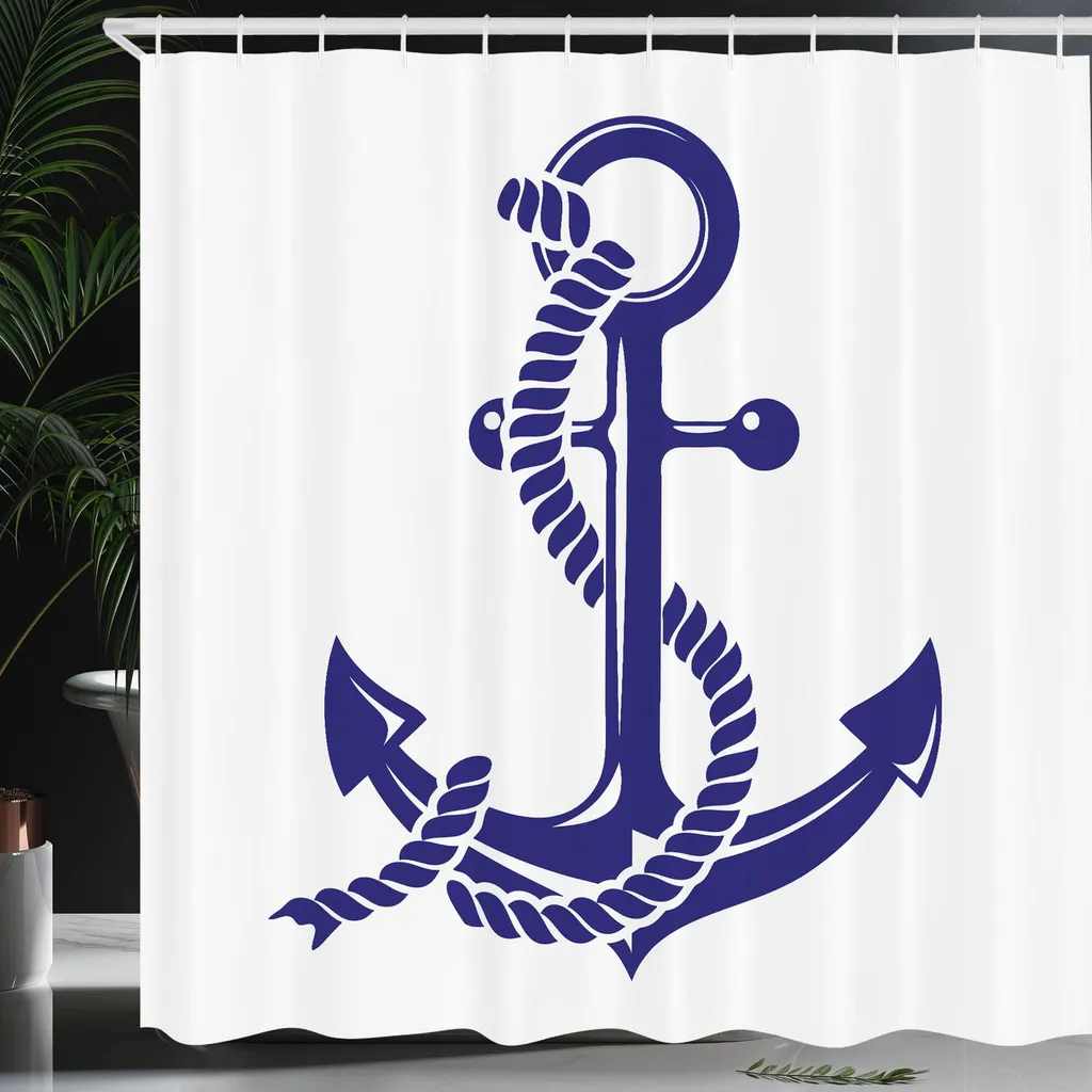 ABAKUHAUS Tenda da doccia in stile marittimo, simbolo nautico Monocromatico Disegno Corda e ancora Illustrazione Stampa, 175 x 180 cm, Lavanda scura e bianco - 4
