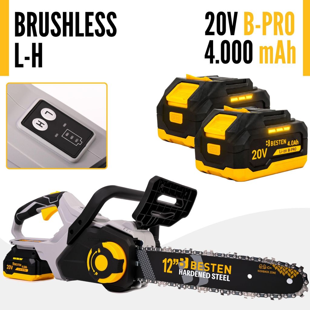 Motosega A Batteria Brushless SundpeyPRO Con 2 Batterie 4.0Ah – Barre 12 E 16 Pollici, Tendicatena Senza Attrezzi