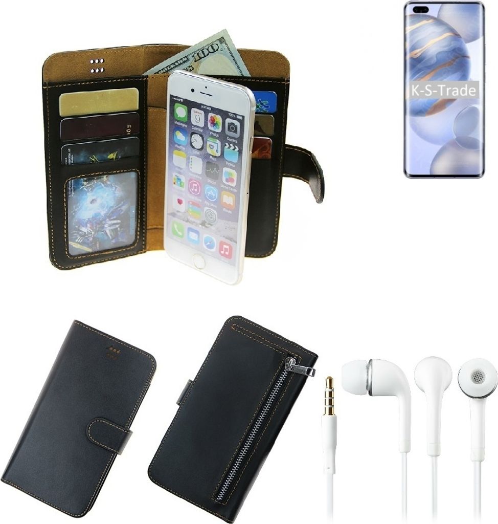 TOP SET Handy Hülle Schutz Hülle kompatibel mit Huawei Honor 30 Pro+ schwarz aus Kunstleder + Kopfhörer Smartphone Tasche vollwertige Geldbörse