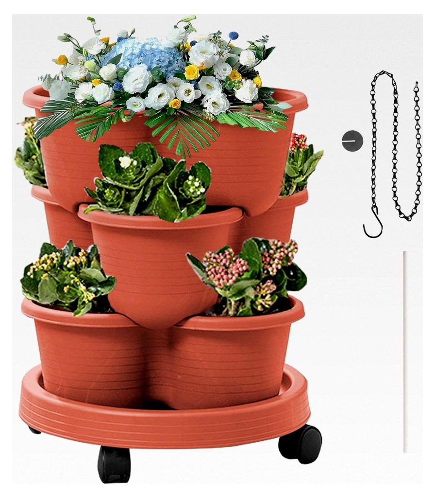 Vertikales Hochbeet, Etagenpflanzer - 3 Ebenen Pflanzenturm mit abnehmbaren Rädern und Werkzeug für Küchenkräuter, Erdbeeren, Blumen, Terrasse,...